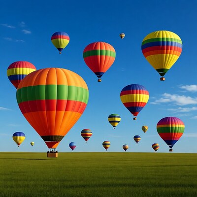 Colorful hot air balloons over green field