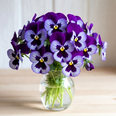 Purple Pansies in Glass Vase