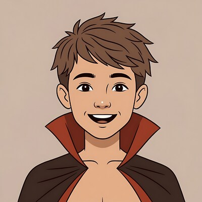 Smiling Asian boy in vampire cape