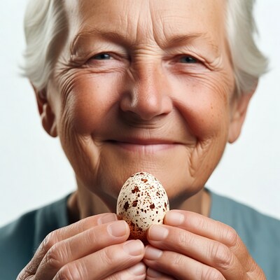 Elderly woman holding quail egg