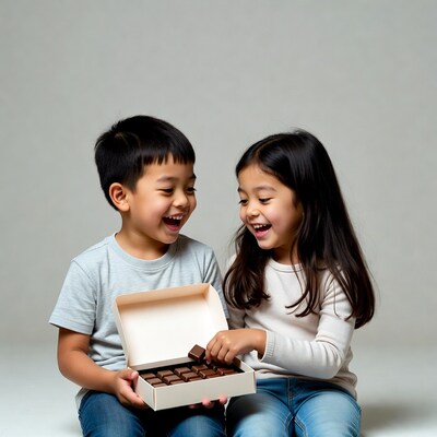 Asian boy and girl sharing chocolates