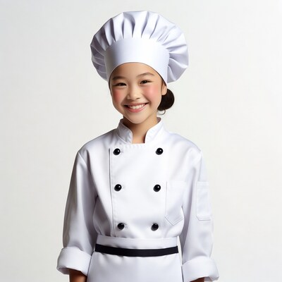 Asian girl in white chef uniform