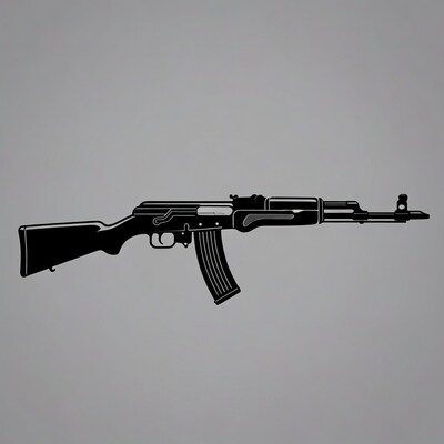 AK-47 silhouette on gray background