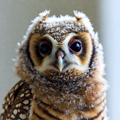 Fluffy baby barred owl closeup