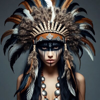 Woman in Native American feather headdress