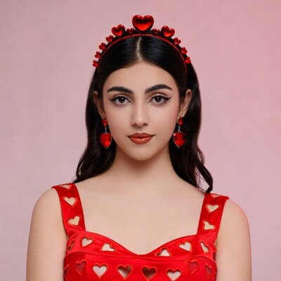 Woman in red heart crown and dress