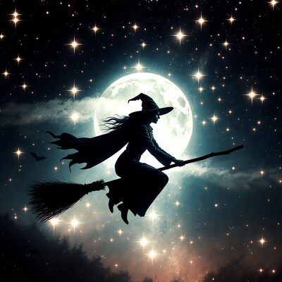 Witch flying on broomstick silhouette