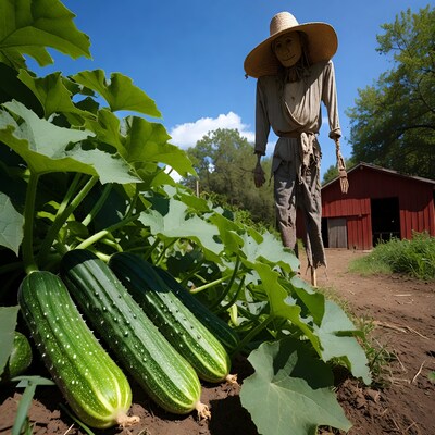 Scarecrow standing by fresh cucumbers