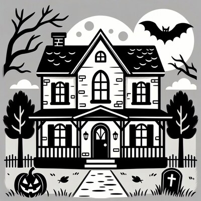 Haunted House with Bat and Pumpkin
