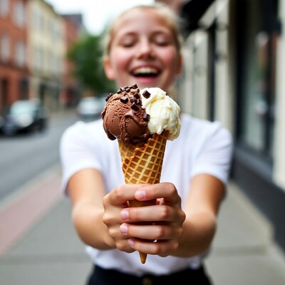 Girl holding chocolate vanilla ice cream cone