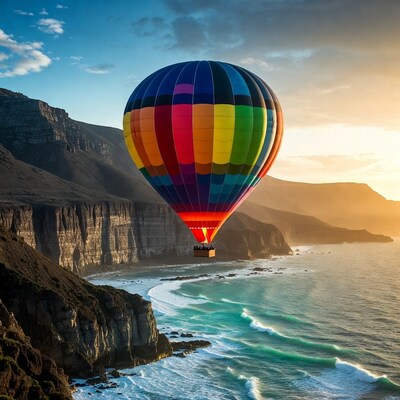 Colorful hot air balloon over coastal cliffs