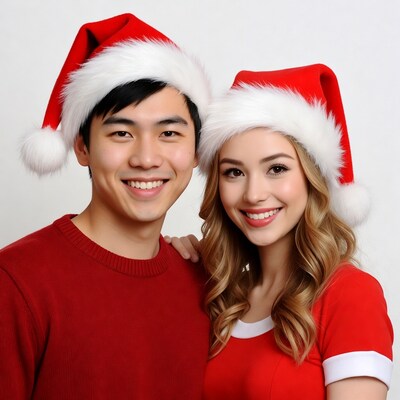 Asian couple in Santa hats smiling
