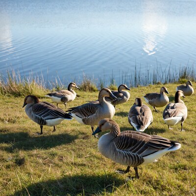 Group of Canada geese on grassy shore by lake