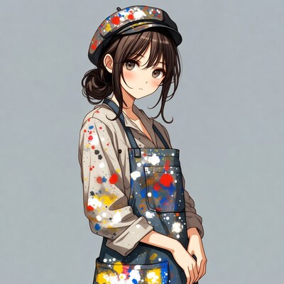Anime girl in paint-splattered smock