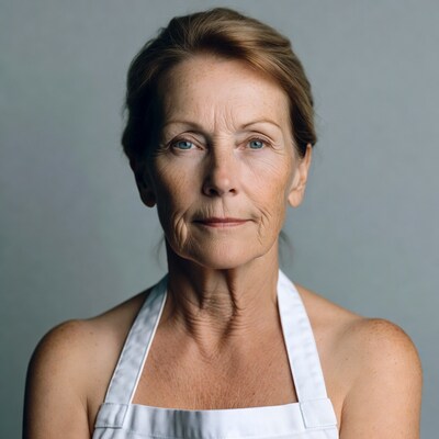 Senior woman wearing white apron