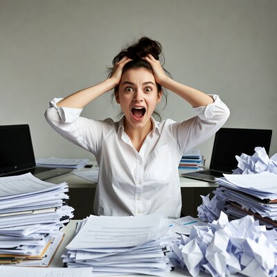 Stressed woman pulling hair at desk