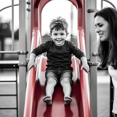 Boy sliding down red playground slide