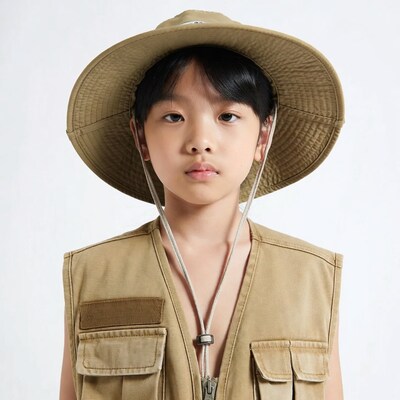 Asian boy in safari hat vest