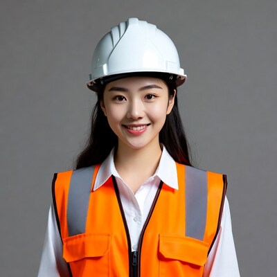 Asian woman in hard hat and vest