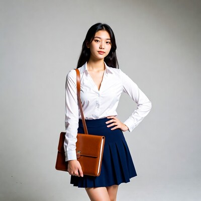 Asian woman in school uniform with briefcase