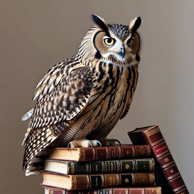 Great Horned Owl on Stack of Books