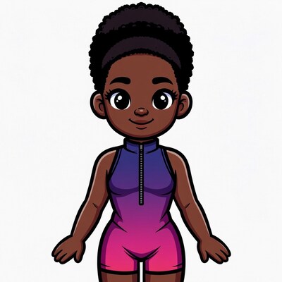 Cartoon African-American girl in purple jumpsuit