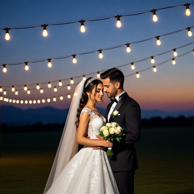 Bride and groom embracing under string lights