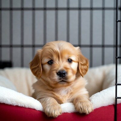 Golden Retriever puppy in dog crate