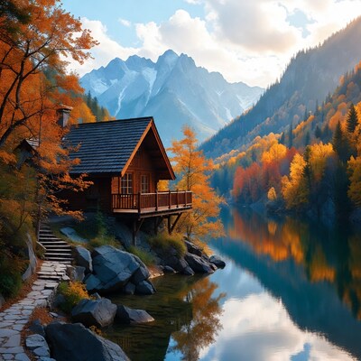 Cozy cabin by lake in autumn mountains