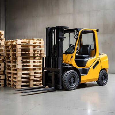 Yellow forklift near wooden pallets