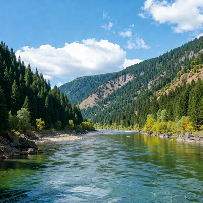 River flowing through forested mountains