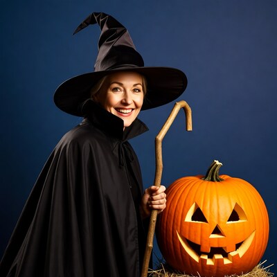 Woman in witch costume with jack o lantern