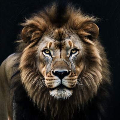 Close-up lion face black background