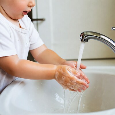 Toddler washing hands at sink