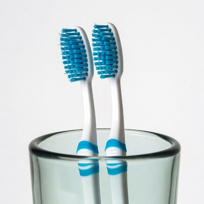 Two blue toothbrushes in glass