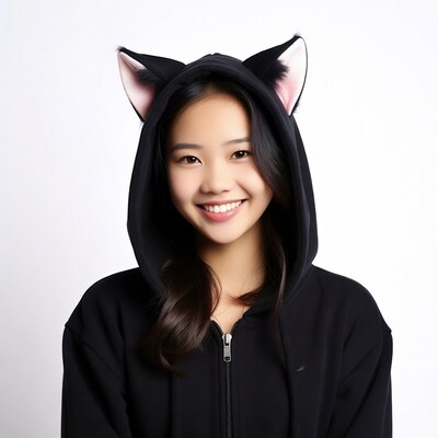 Asian girl in cat ear hoodie