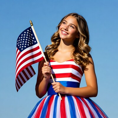 Girl holding American flag in patriotic dress