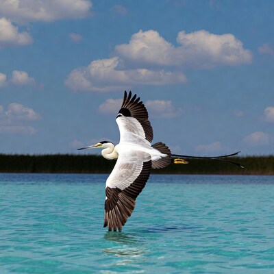 Whiskered tern flying over turquoise water