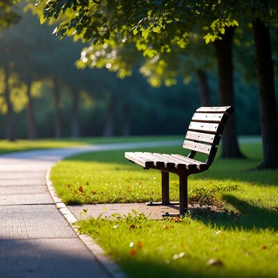 Wooden bench by park path