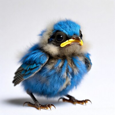 Fluffy blue baby bird with yellow beak