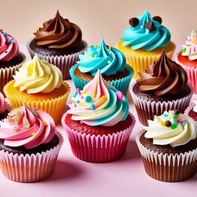 Colorful frosted cupcakes on pink background