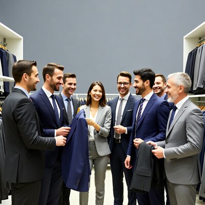 Business group examining suits in store