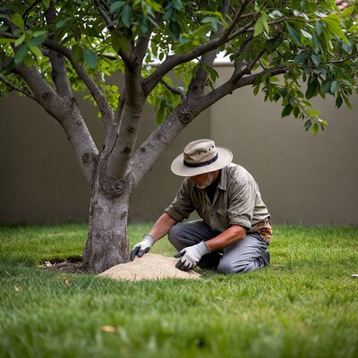 Man spreading fertilizer around tree