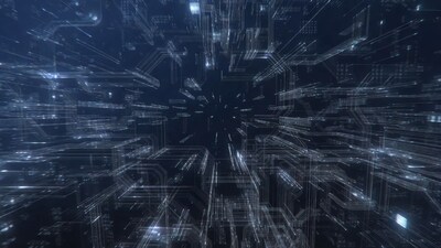 Futuristic Blue Wireframe Grid Tunnel