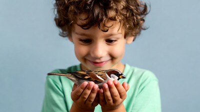 Boy holding sparrow in hands