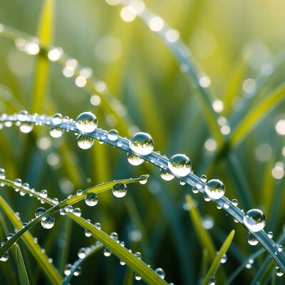 Dew drops on green grass blades