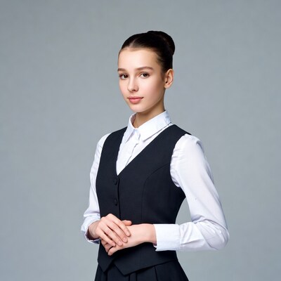 Young woman in black vest and skirt