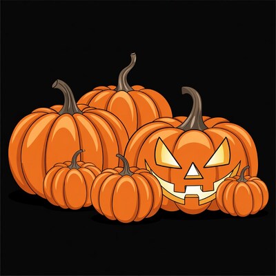 Jack-o-lantern pumpkins on black background