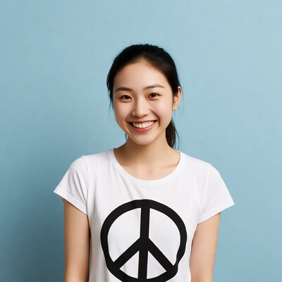 Asian woman smiling in peace sign t-shirt