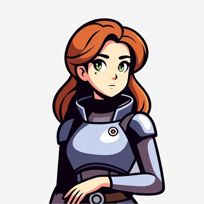 Red-haired woman in blue armor